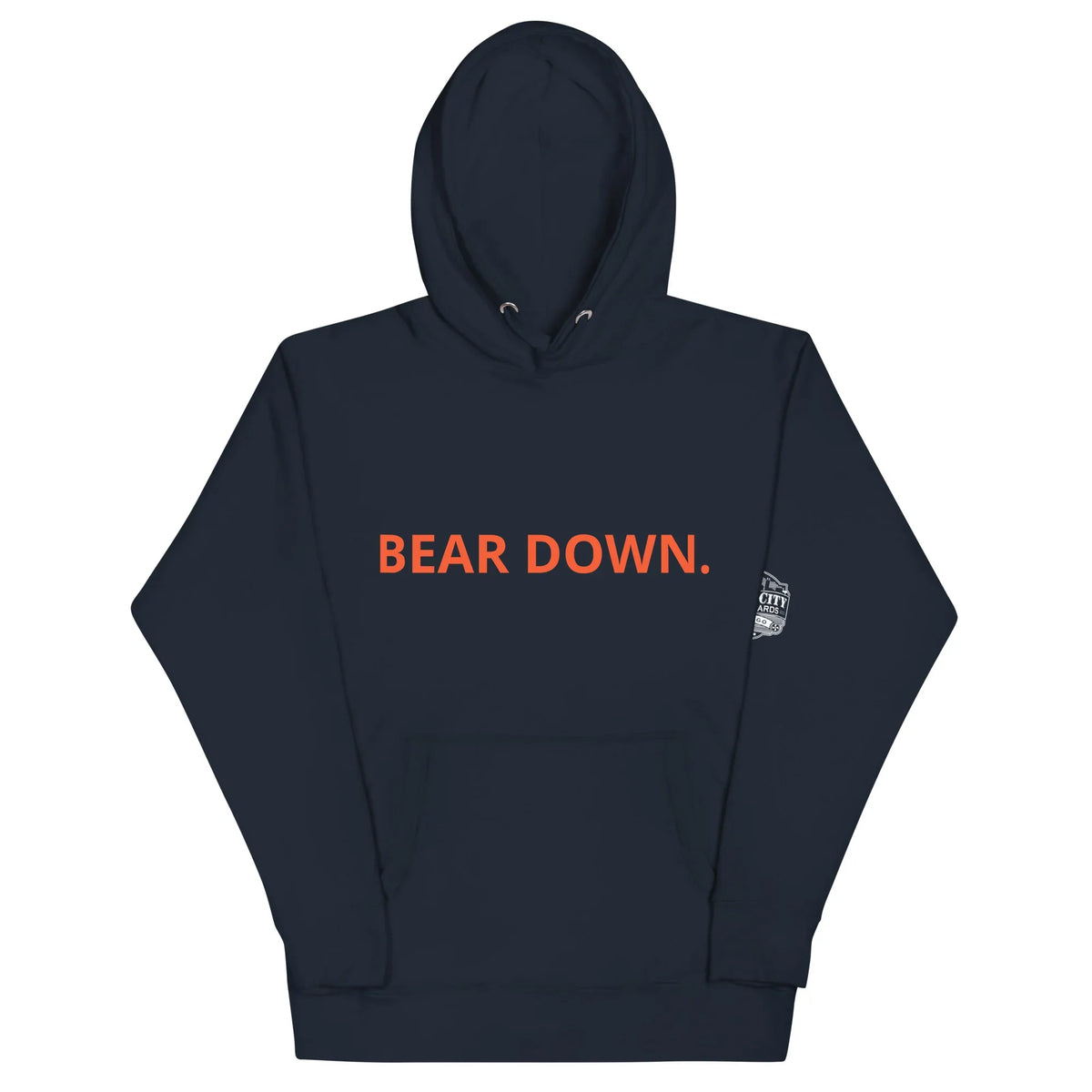 Bear Down Chicago football unisex hoodie in navy, front view