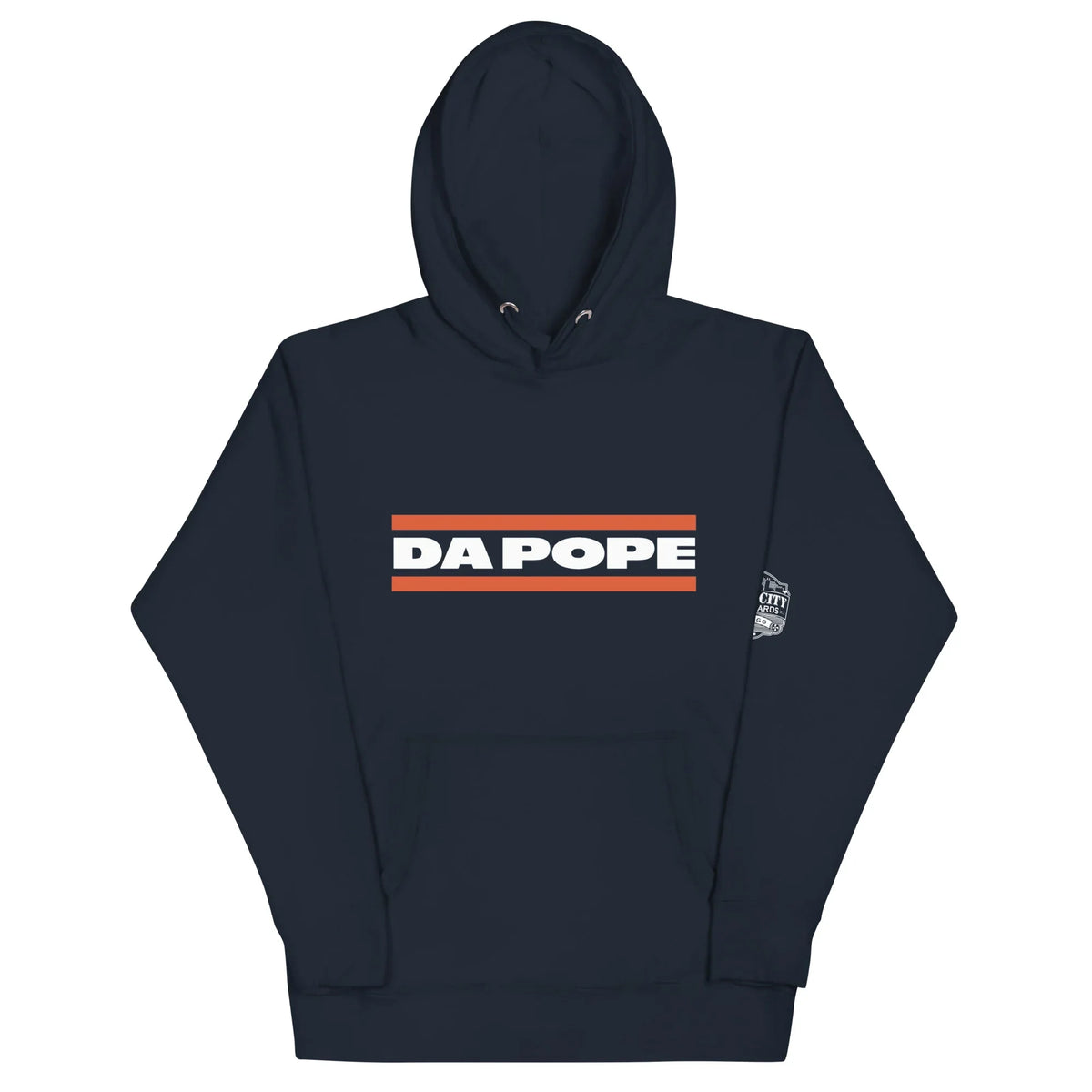 Da Pope Chicago football hoodie in navy blazer, front view