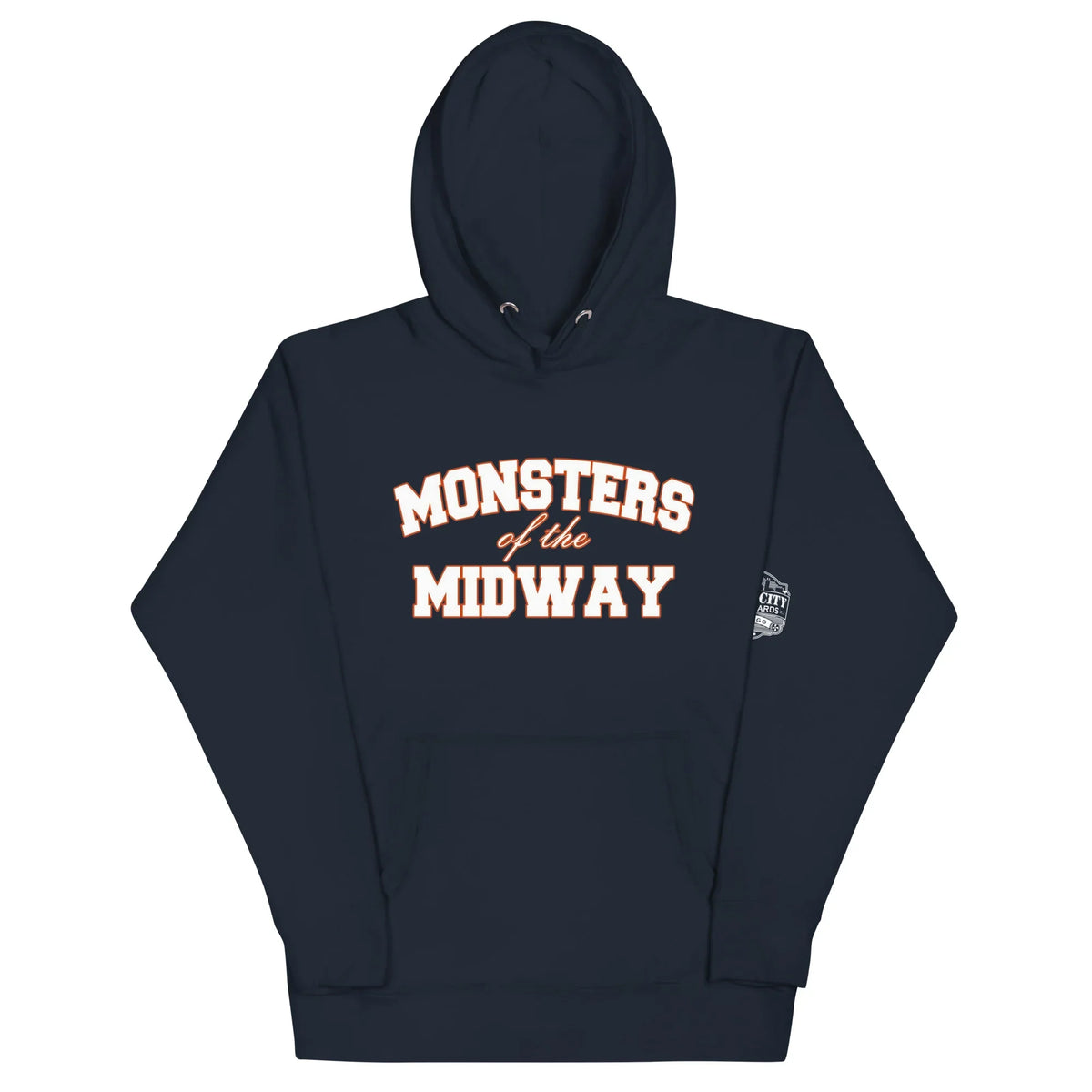 Monsters of the Midway unisex hoodie in Navy Blazer, front view