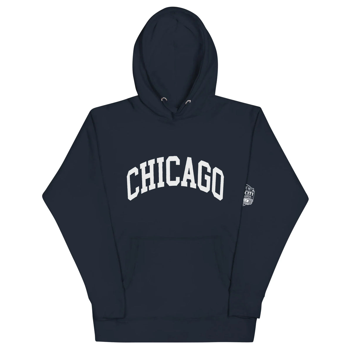 Chicago unisex hoodie in navy blazer, front view