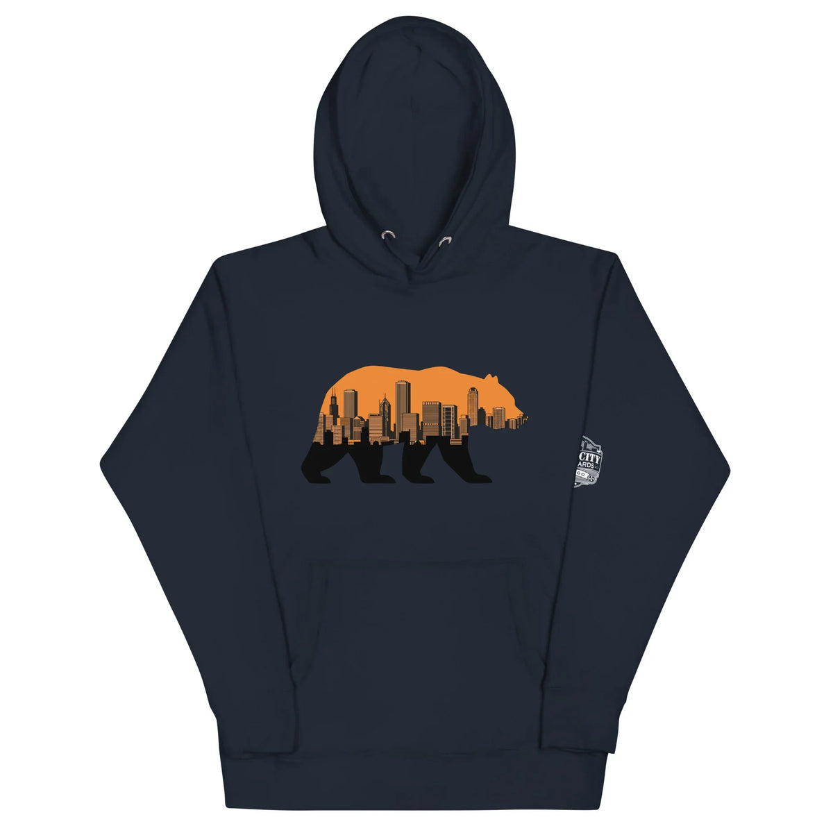 Walking Bear Chicago football unisex hoodie in Navy Blazer, front view