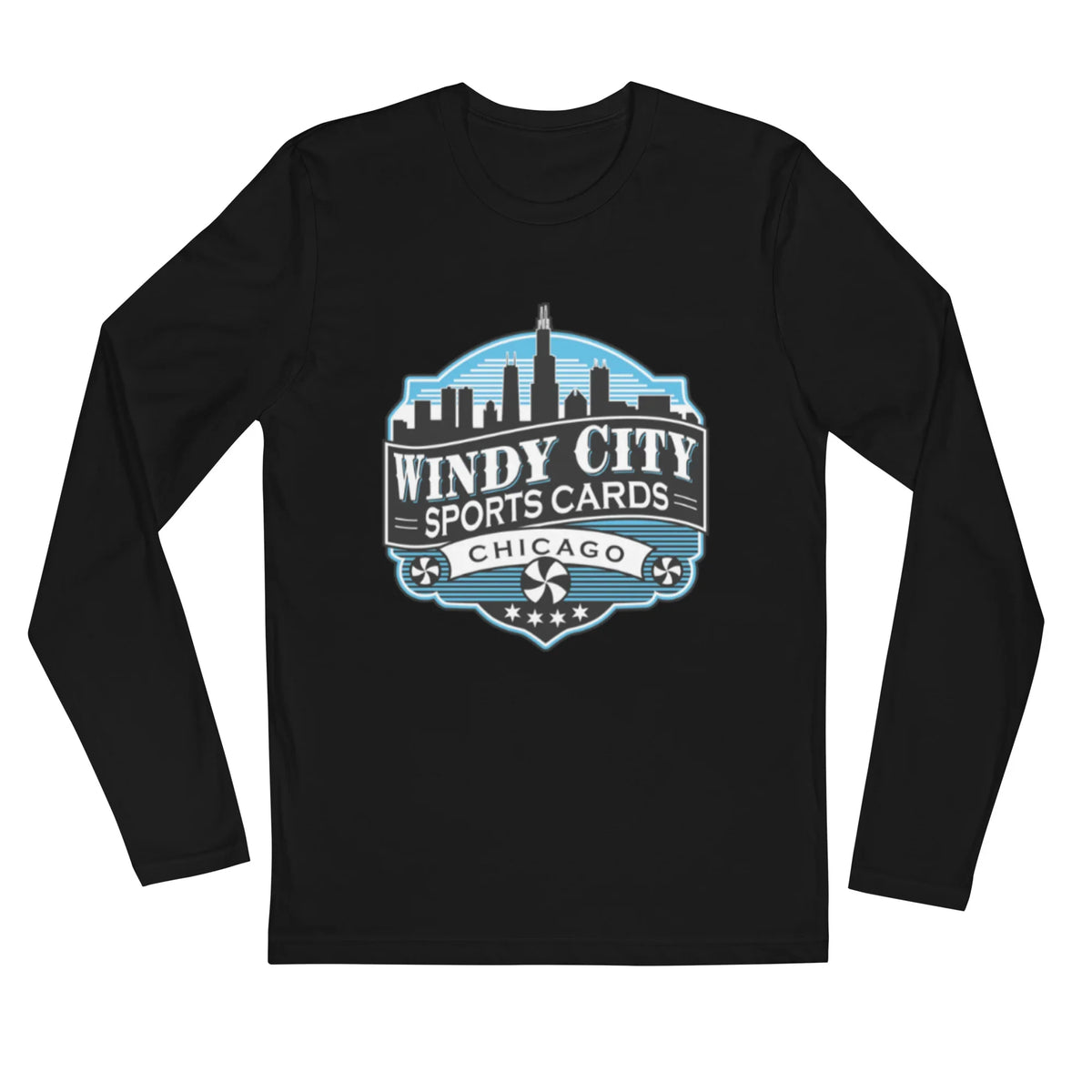 Windy City fitted long sleeve crew shirt in black, front view