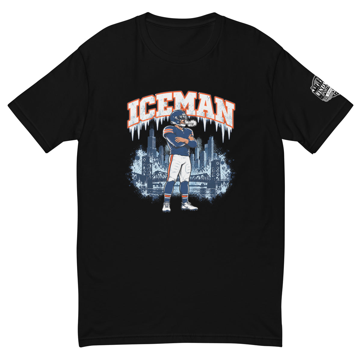 Iceman Graphic T-Shirt, black front view with football player and skyline graphic and sleeve logo