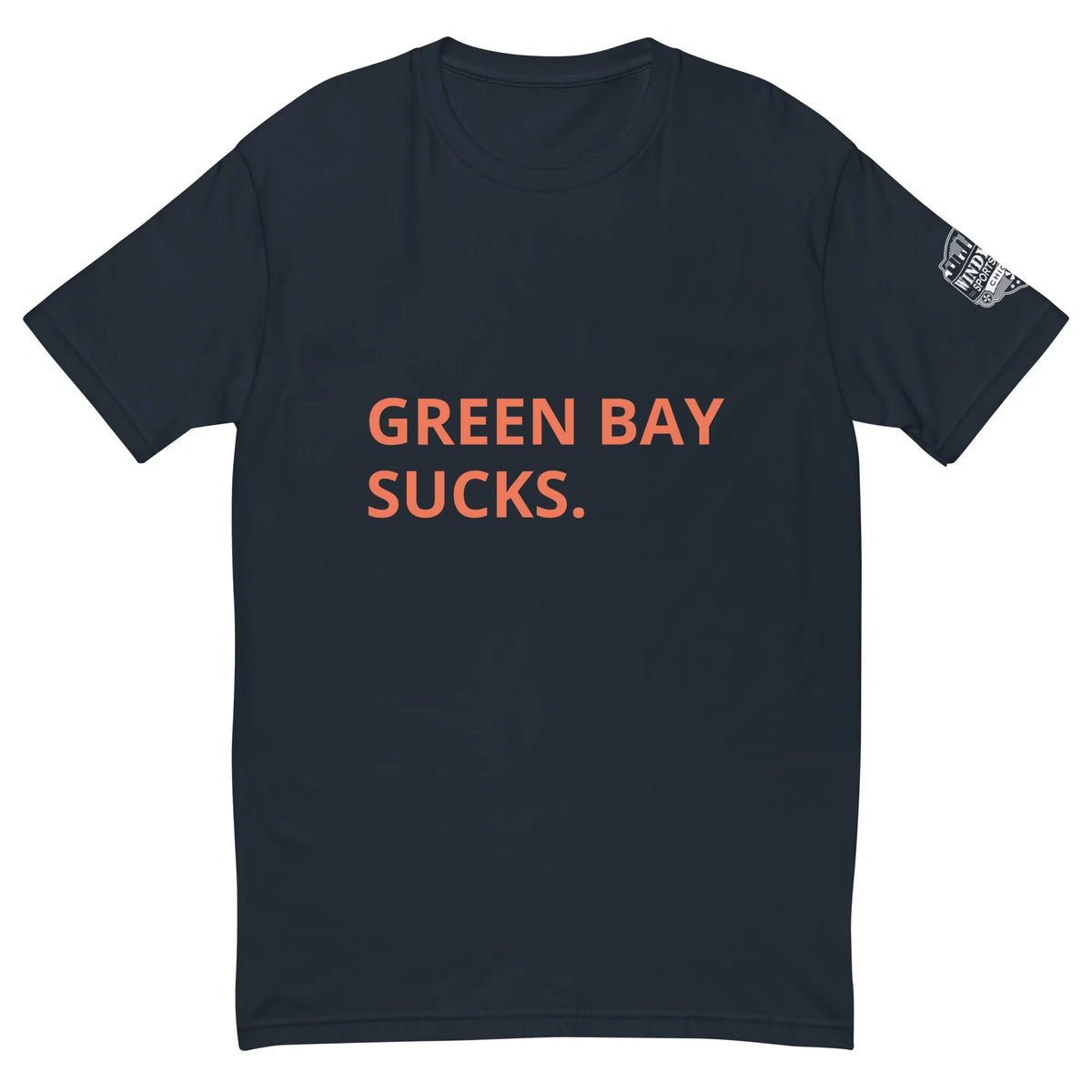 Green Bay Sucks Chicago football T-shirt in midnight navy, front view