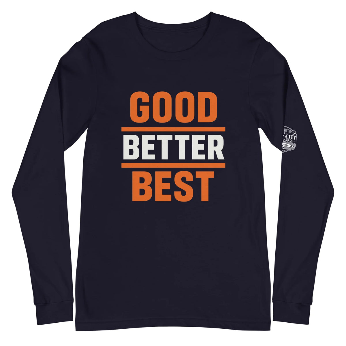 Good Better Best unisex long sleeve shirt in navy, front view
