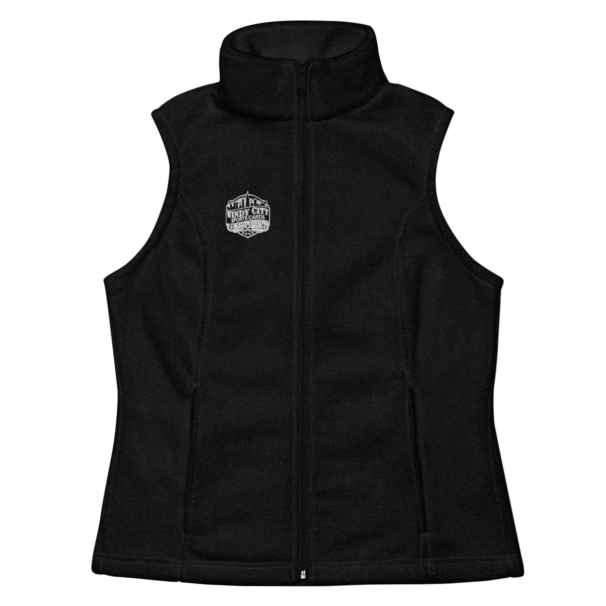 Women’s Windy City Columbia fleece vest in black, front view