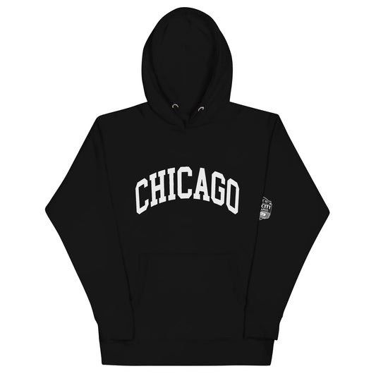 Black Chicago pullover hoodie with arched white lettering