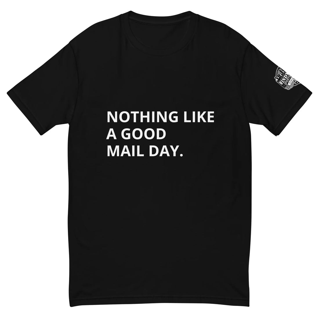 Mail Day sports card collector T-shirt in black, front view