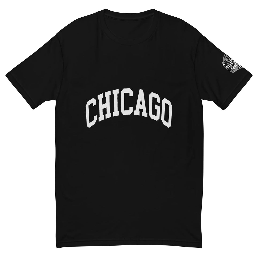 Black Chicago T-shirt with arched white lettering, front view
