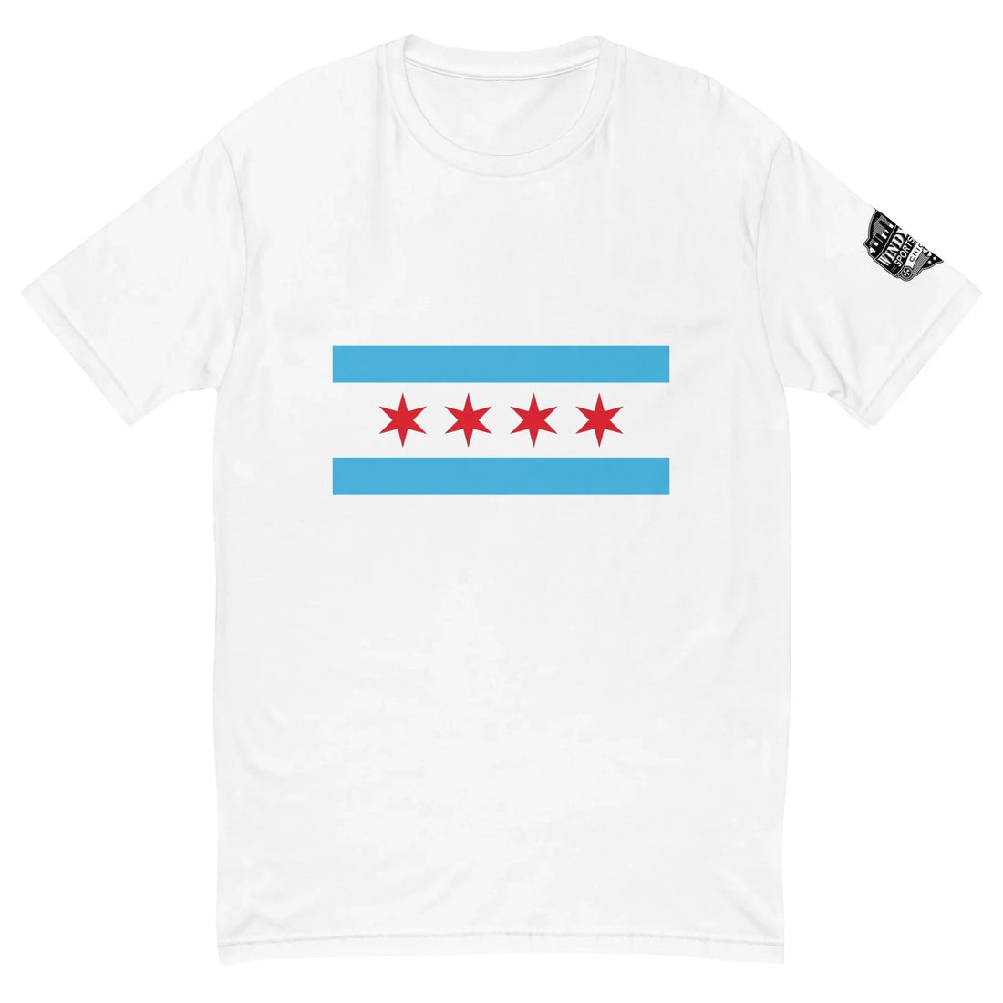 White Chicago flag T-shirt with four red stars and two blue stripes
