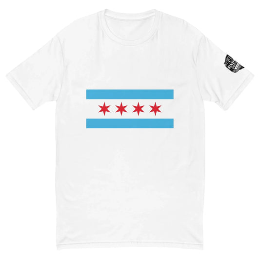 White Chicago flag T-shirt with four red stars and two blue stripes