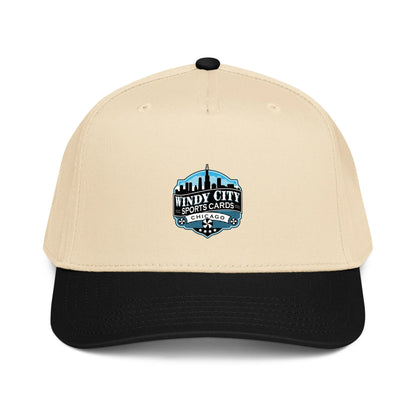 Windy City 5-panel cap in black and natural, front view