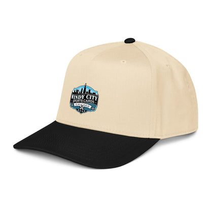 Windy City 5-panel cap in black and natural, front-left view