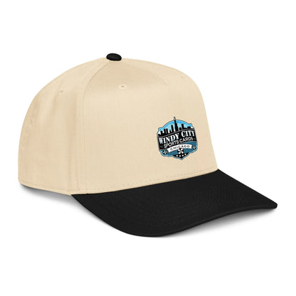 Windy City 5-panel cap in black and natural, front-right view