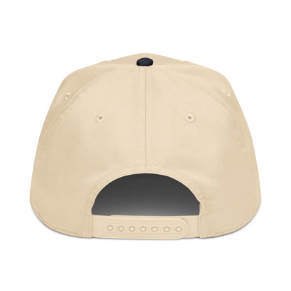 Windy City 5-panel cap in navy and natural, back view