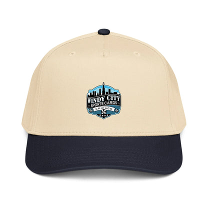 Windy City 5-panel cap in navy and natural, front view