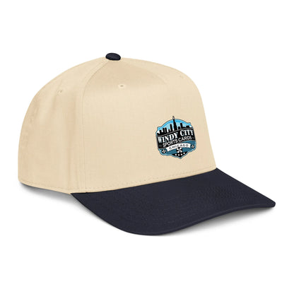 Windy City 5-panel cap in navy and natural, front-right view
