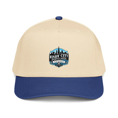 Windy City 5-panel cap in royal and natural, front view