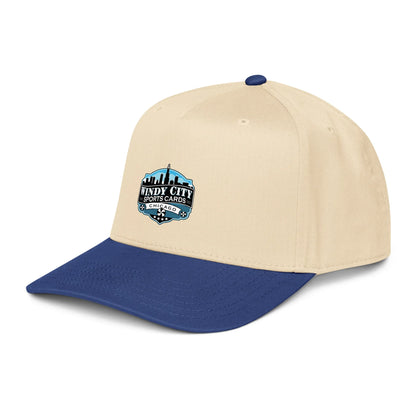 Windy City 5-panel cap in royal and natural, front-left view