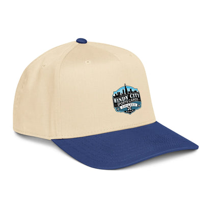 Windy City 5-panel cap in royal and natural, front-right view