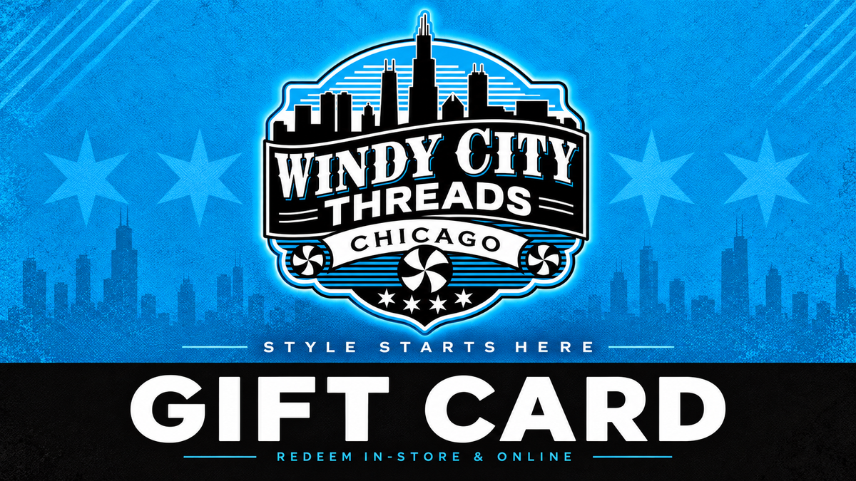 Windy City Threads digital gift card with the Chicago skyline logo on a blue background