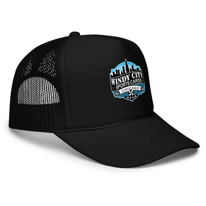 Windy City foam trucker hat in black, front-right view
