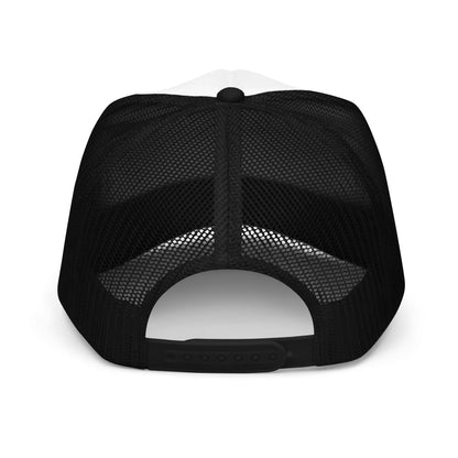 Windy City foam trucker hat in black, white, and black, back view