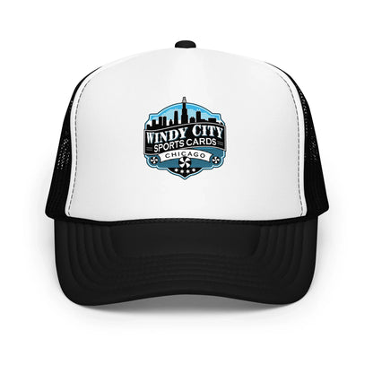 Windy City foam trucker hat in black, white, and black, front view