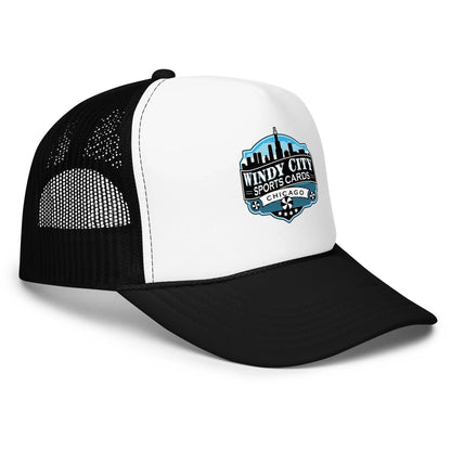 Windy City foam trucker hat in black, white, and black, front-right view