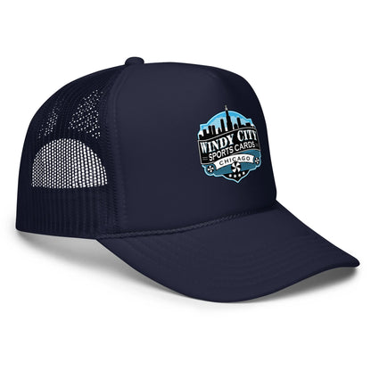 Windy City foam trucker hat in navy, front-right view