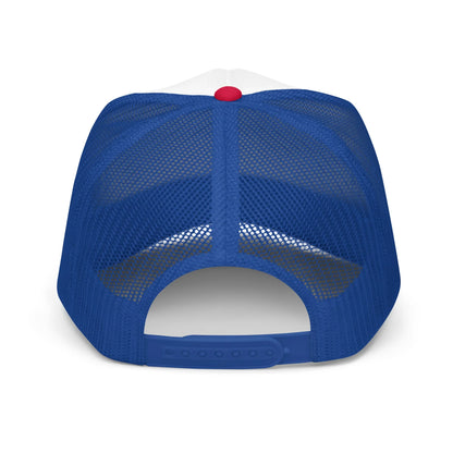 Windy City foam trucker hat in red, white, and royal blue, back view