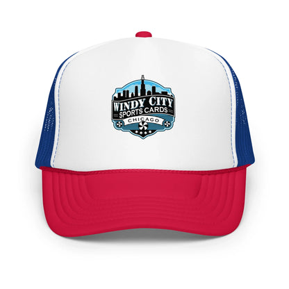 Windy City foam trucker hat in red, white, and royal blue, front view