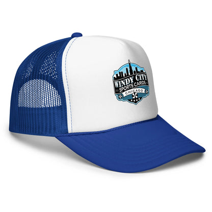 Windy City foam trucker hat in red, white, and royal blue, front-right view