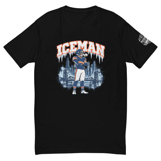 Iceman Graphic T-Shirt, black front view with football player and skyline graphic and sleeve logo