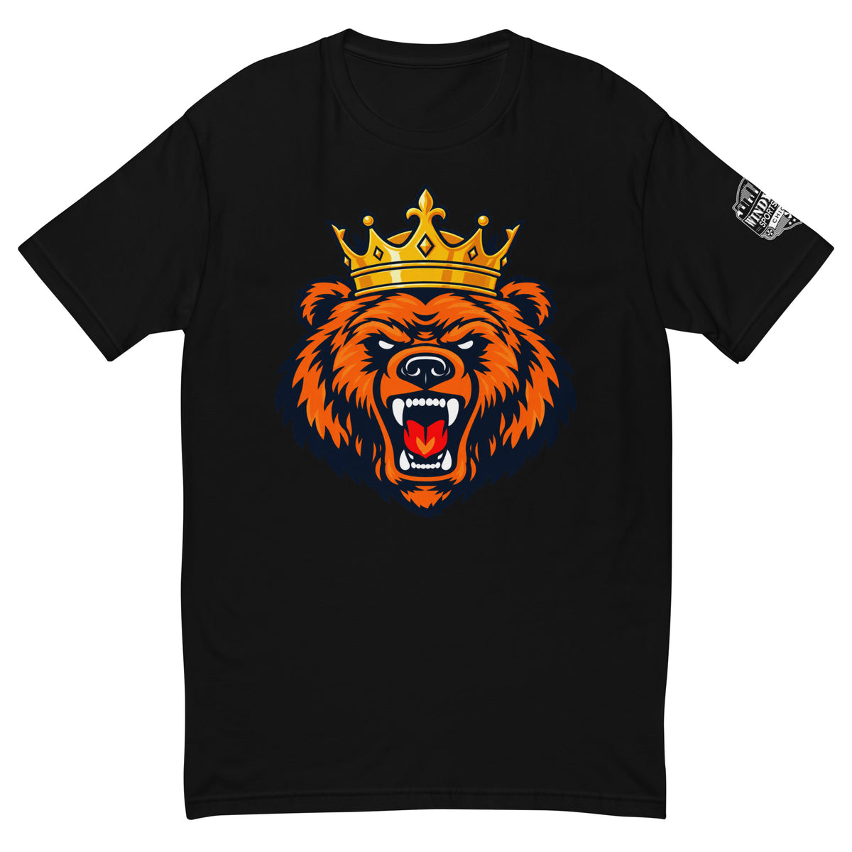 King of The North Bear Short Sleeve T-shirt, black front view with crowned orange bear graphic and sleeve logo