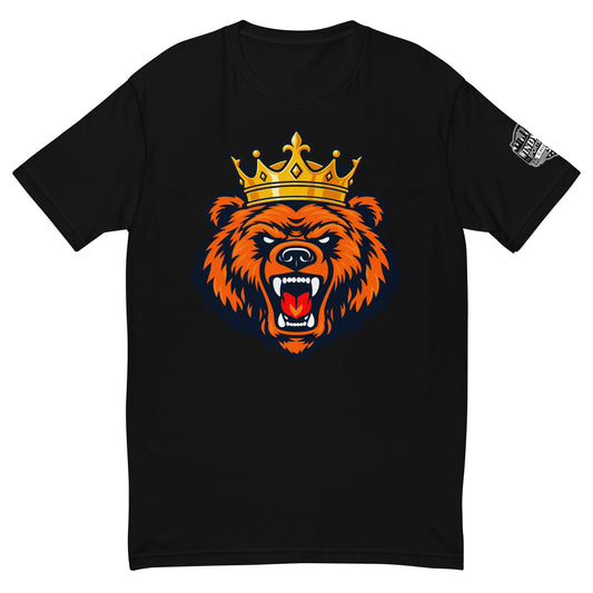 King of The North Bear Short Sleeve T-shirt, black front view with crowned orange bear graphic and sleeve logo