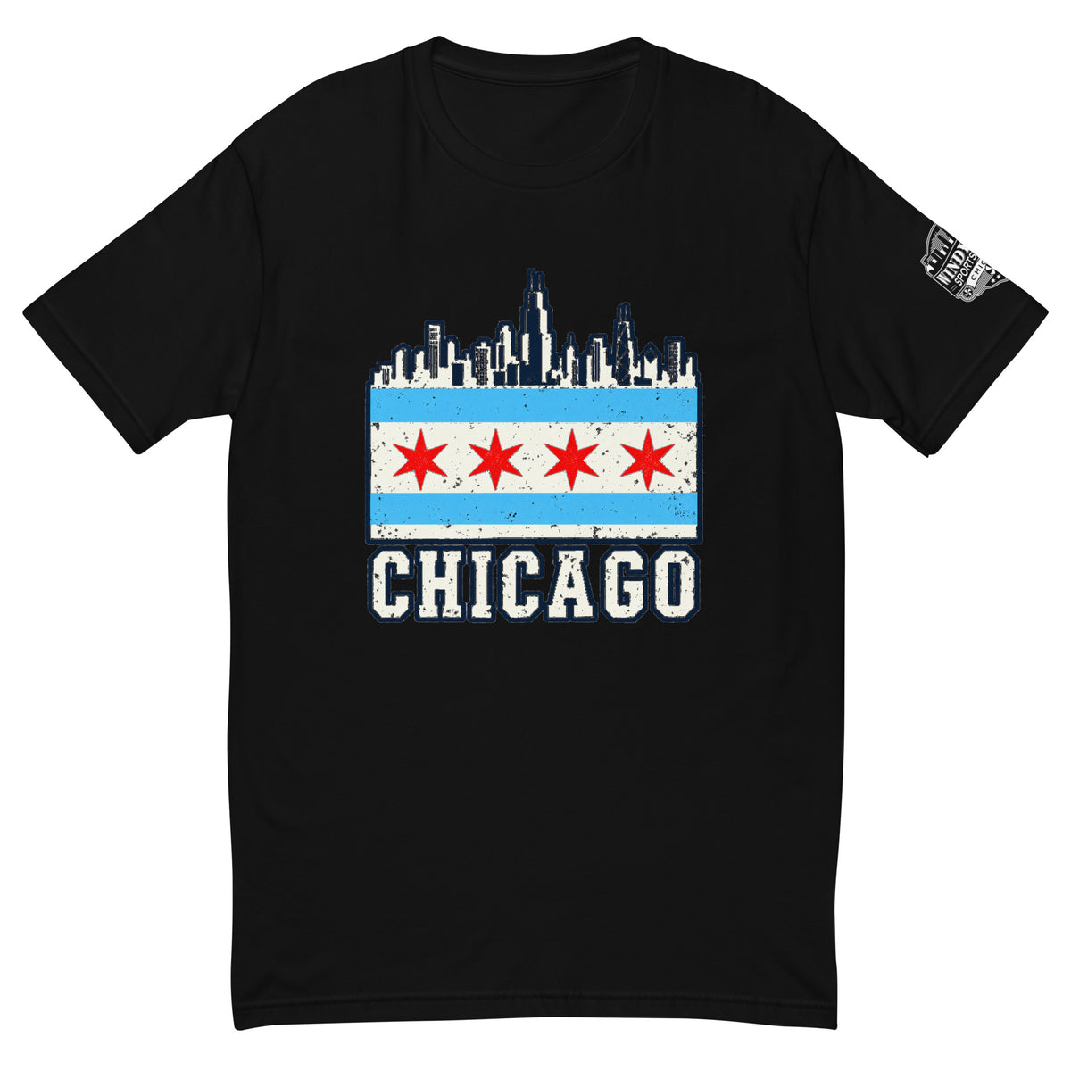 Chicago Flag and Skyline T-shirt in black, front view with four red stars and CHICAGO lettering