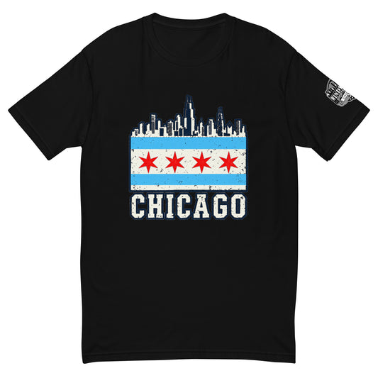 Chicago Flag and Skyline T-shirt in black, front view with four red stars and CHICAGO lettering