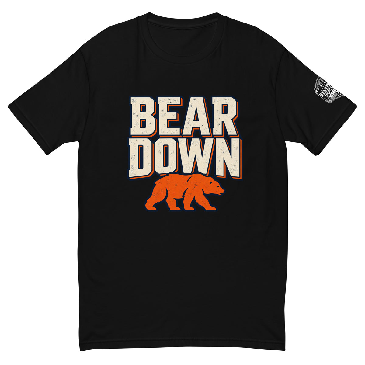 Bear Down Block and Bear T-shirt in black, front view with distressed lettering and orange bear