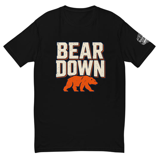 Bear Down Block and Bear T-shirt in black, front view with distressed lettering and orange bear