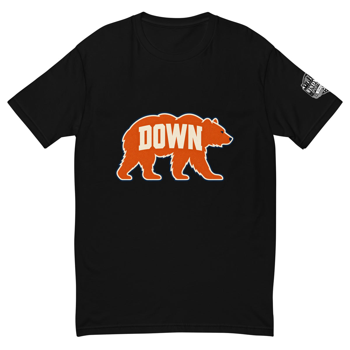 Walking Bear Down T-shirt in black, front view with orange bear silhouette and cream DOWN lettering