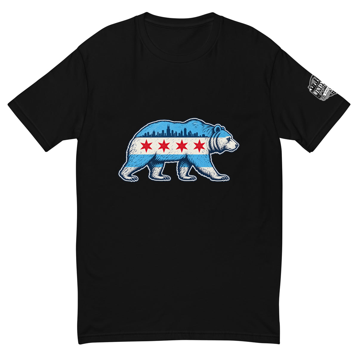Chicago Flag Bear T-shirt in black, front view with skyline detail and four red stars