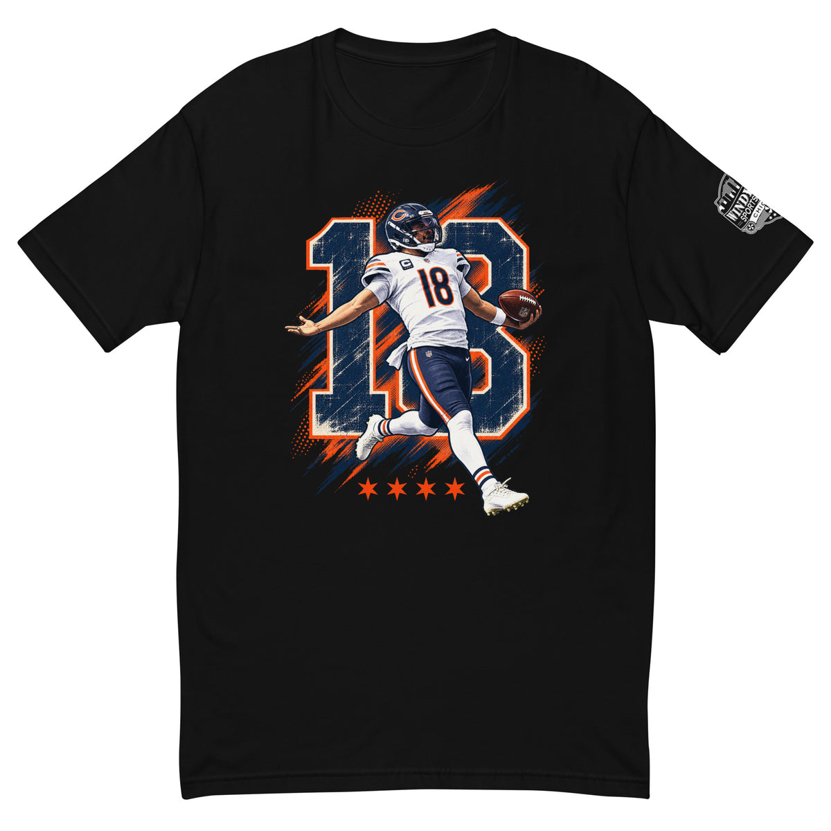 Run and Score Chicago football T-shirt in black, front view with number 18 player graphic