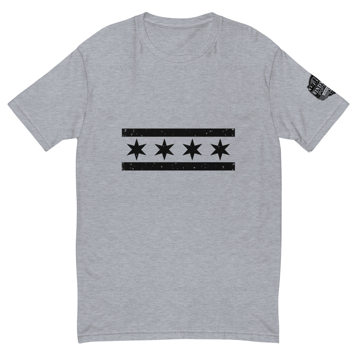 Chicago Black Flag Short Sleeve T-shirt, heather grey front view with black Chicago flag graphic and sleeve logo