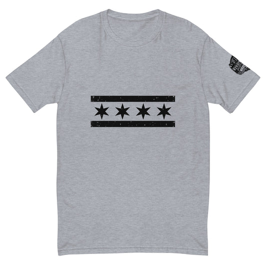 Chicago Black Flag Short Sleeve T-shirt, heather grey front view with black Chicago flag graphic and sleeve logo