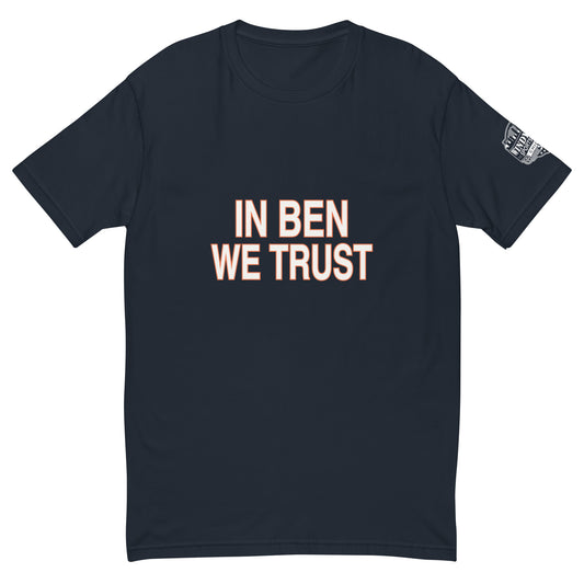 Midnight-navy In Ben We Trust Block T-shirt, front view with white lettering outlined in orange and a sleeve logo