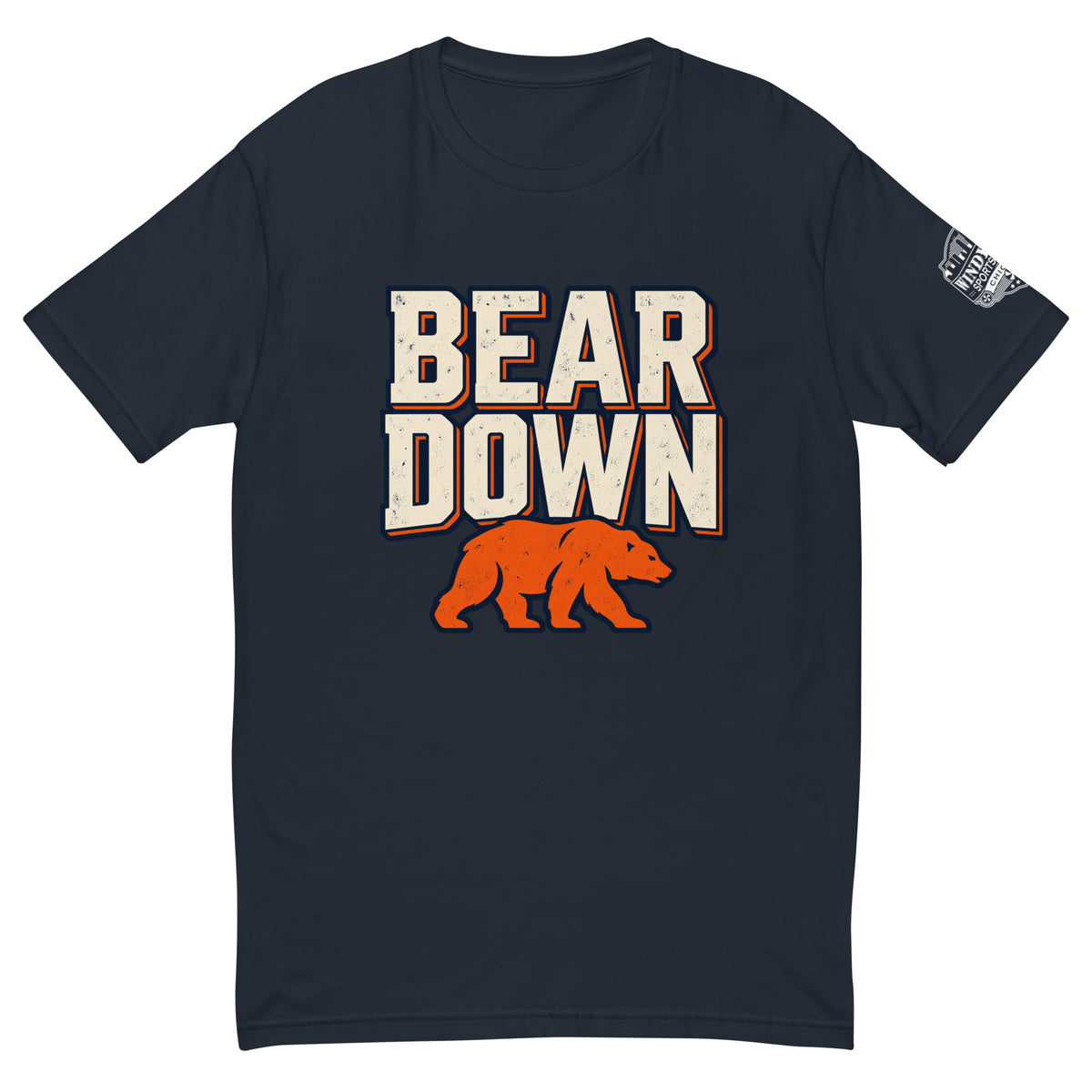 Bear Down Block and Bear T-shirt in midnight navy, front view with distressed lettering and orange bear