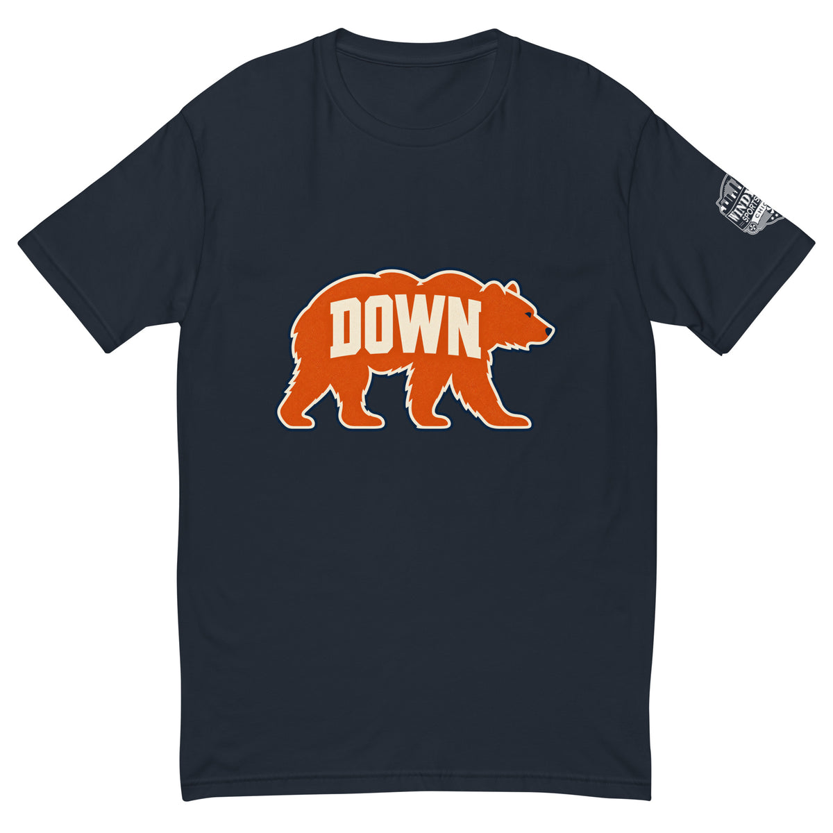Walking Bear Down T-shirt in midnight navy, front view with orange bear silhouette and cream DOWN lettering