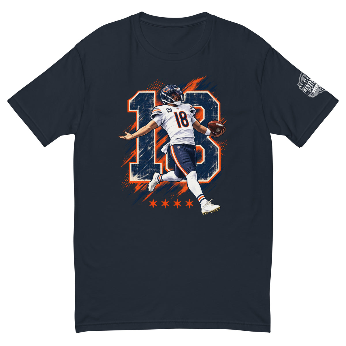 Run and Score Chicago football T-shirt in midnight navy, front view with number 18 player graphic
