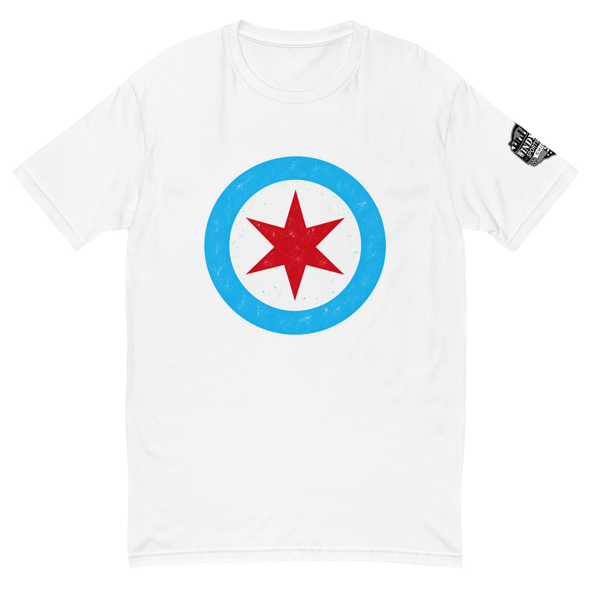 Chicago Star Short Sleeve T-shirt, white front view with red Chicago star and light-blue circle and sleeve logo